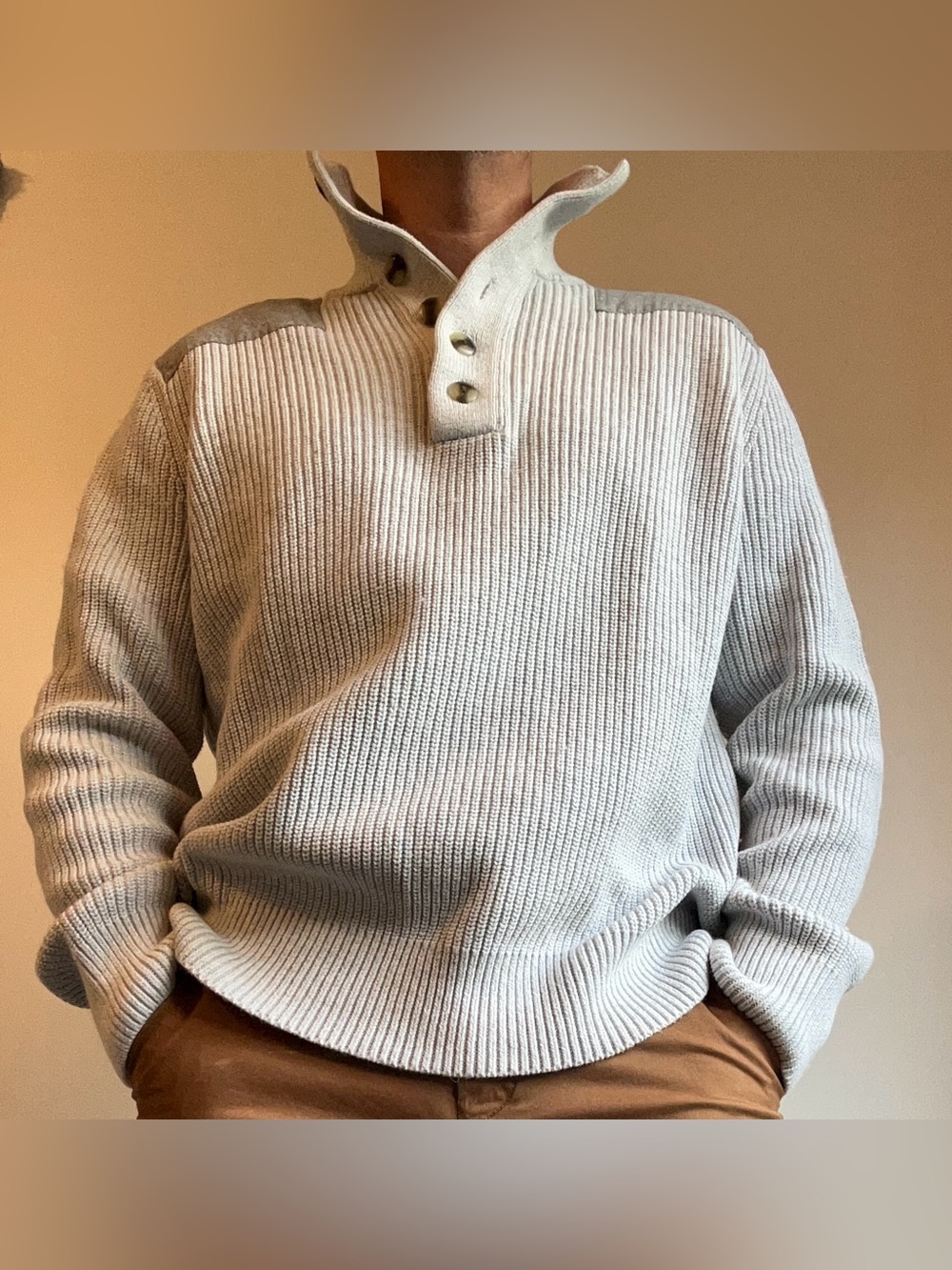 Banana Republic Men's Ribbed Mock Neck Button Sweater Shoulder Patch XL